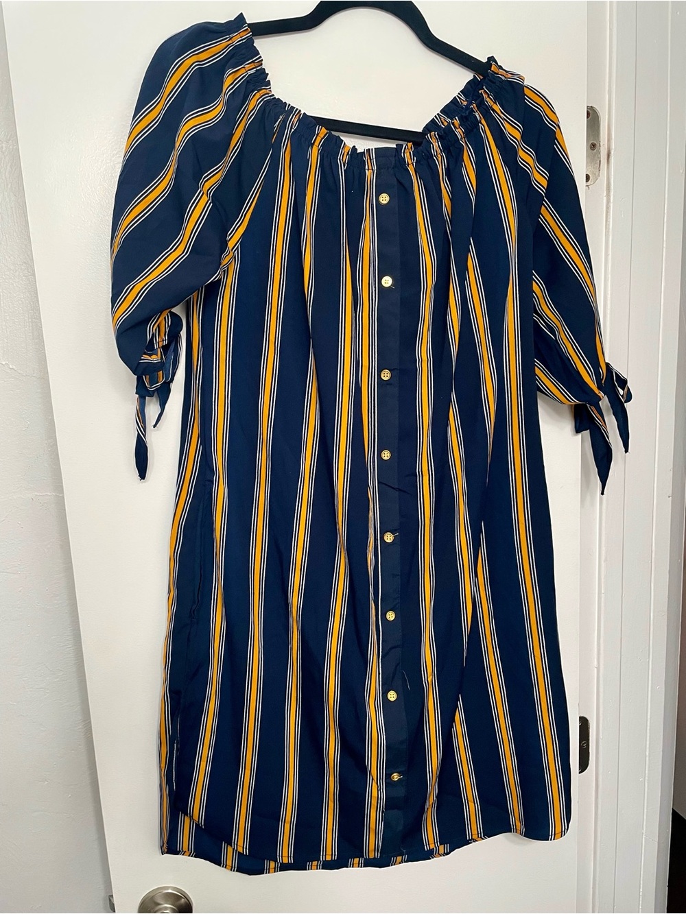 Striped Navy and Mustard Button-Front Off-Shoulder Dress